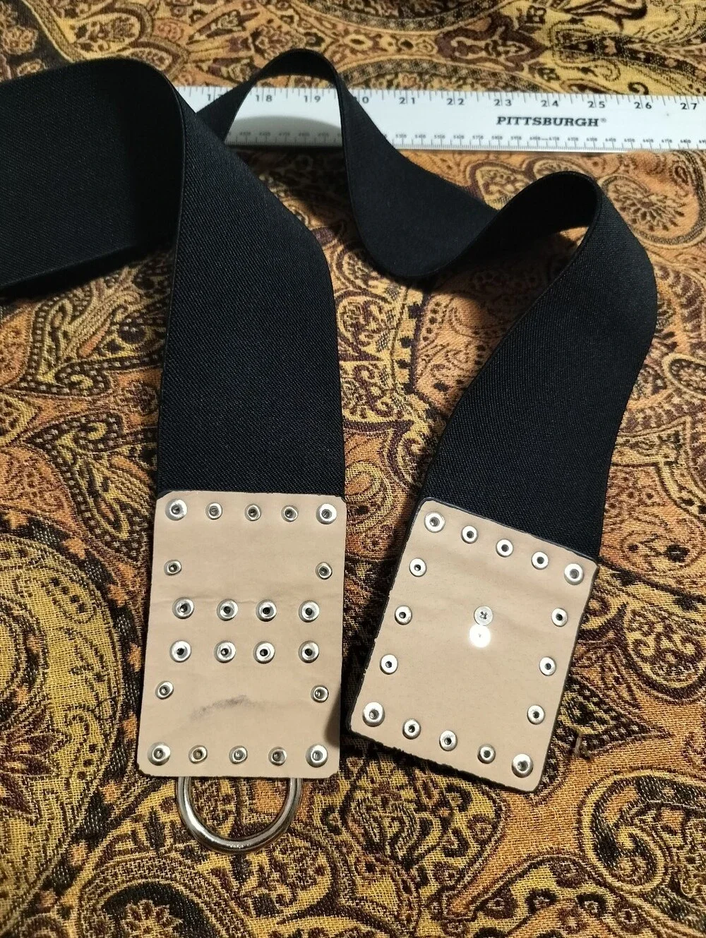Vintage 80s Style Black Wide Elastic Cinch Belt Studded Punk Hook Waist 36